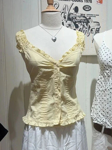 Ruffles White Basic Blouse Top for Woman Folds Single Breasted Sleeveless Tank Tops Casual Cotton Vest Y2k Sweet Camisole