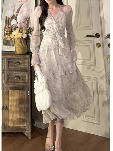 Voguable Y2K Ruffles Irregular Short Dress Tie Dye Flare Sleeves Elegant Party Dress Prom Robe Halter Vestidos