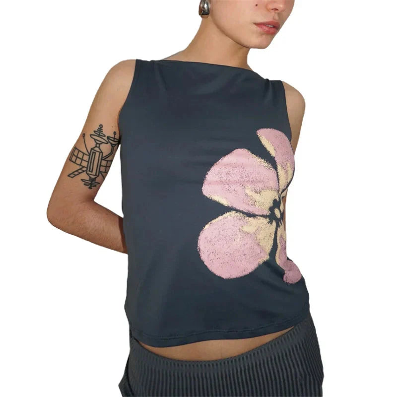 Coquette Tank Tops Floral Print Boat Neck Sleeveless T Shirts Vest y2k Fairycore Clothing Streetwear