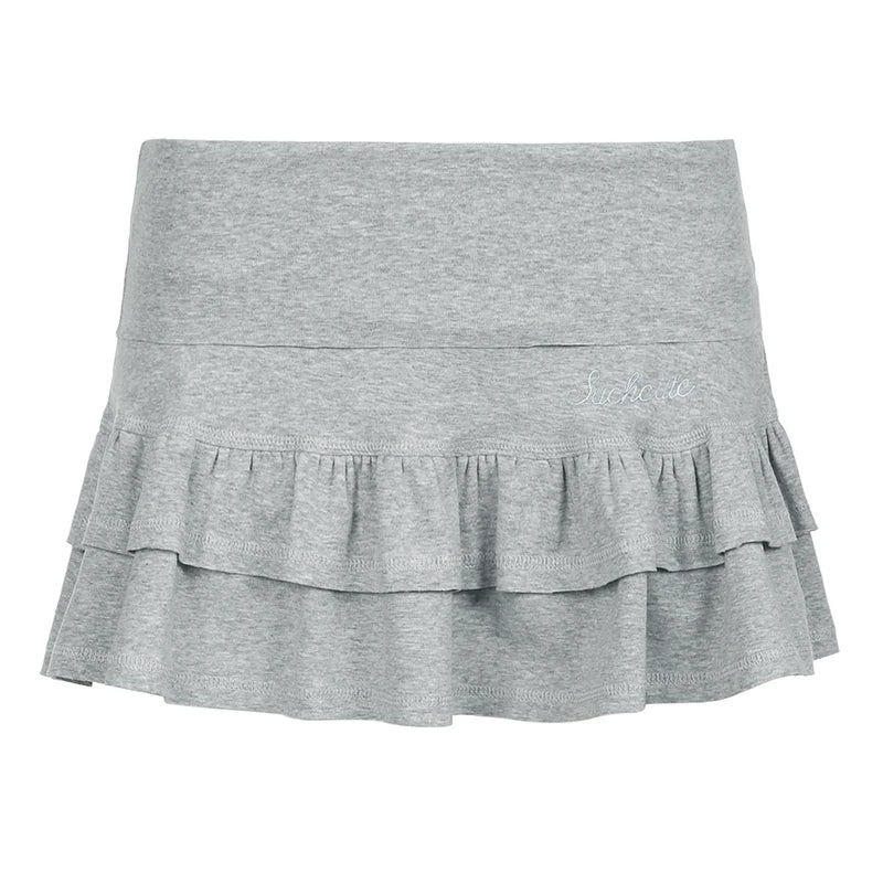 Voguable  Sweet Ruffle Tiered Mini Shorts Skirt Pink Grey Low-waisted A-line Pleated Skirts with Safety Pants Korean Japanese Y2K