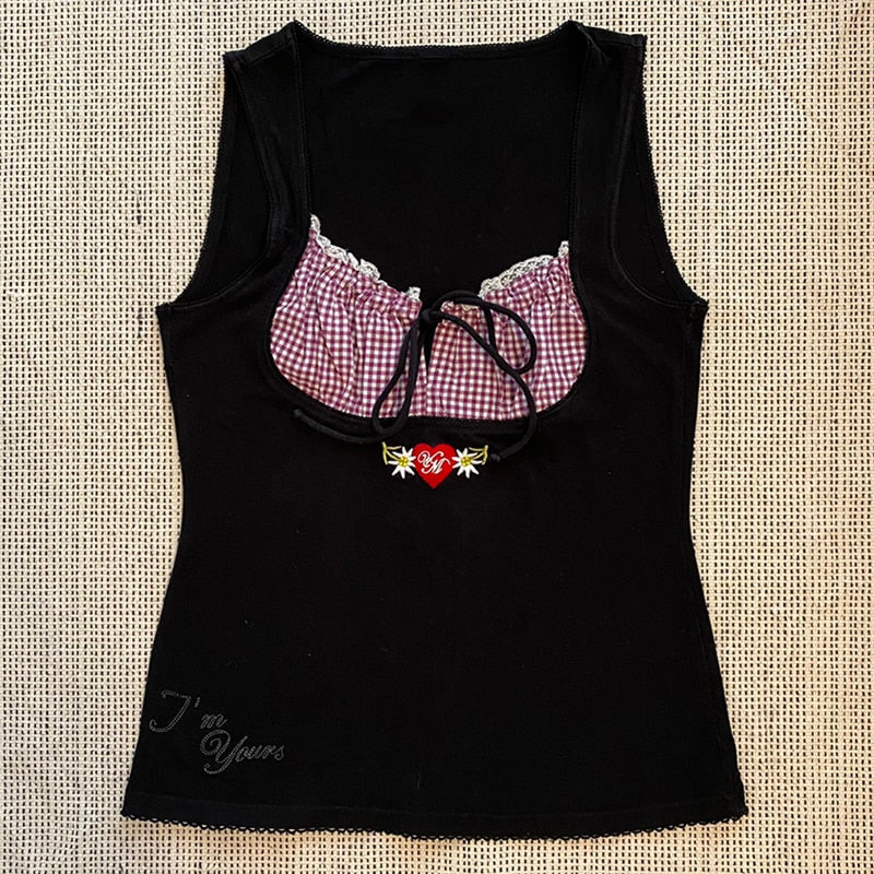 Voguable  Vintage Kawaii Bow Embroidery Mini Dress Patchwork Square Collar Short Sleeve Black Dress Retro Y2K Aesthetic Fairy Clothes