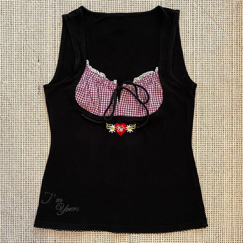 Voguable  Vintage Kawaii Bow Embroidery Mini Dress Patchwork Square Collar Short Sleeve Black Dress Retro Y2K Aesthetic Fairy Clothes
