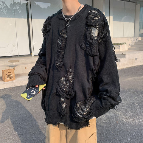 Ripped Sweaters Pullovers for Baggy High Street Retro Japanese Design Y2k Knitwear Harajuku Свитер Handsome Cool Teens Chic