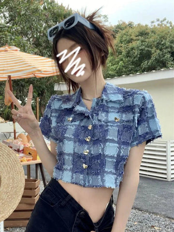 Tassel Cropped Plaid Shirt Vintage Streetwear Short Sleeve Blouse Casual Retro American Short Y2K Tops