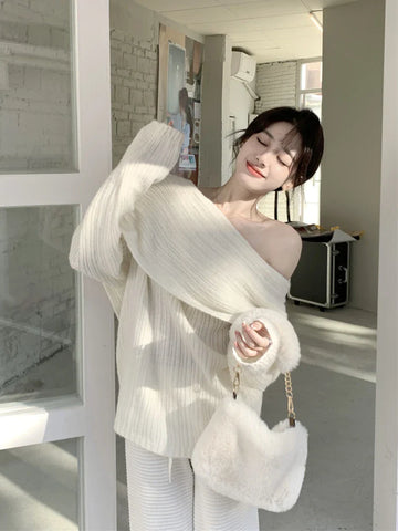 Design White Knitted Sweater Long Sleeve Pure Color Korean Y2k Clothing Elegant Pullover Female
