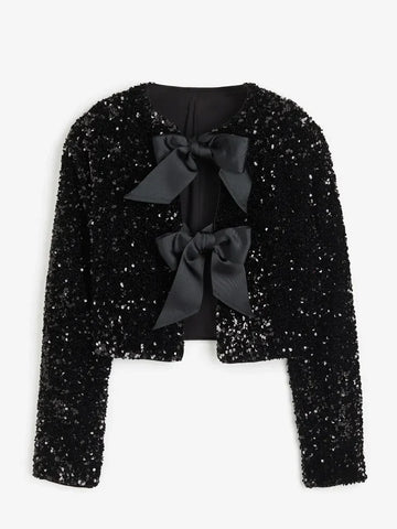 Holiday Tie-front Sequined Jacket For Y2K Shiny Chic Cropped Coat FeElegant Long Sleeve Lady Party Outerwear