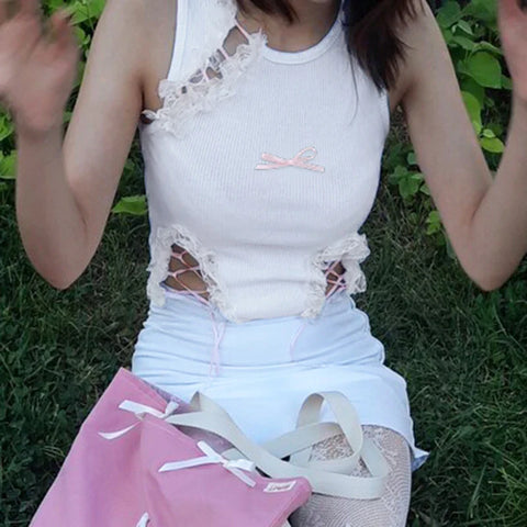 Voguable  Sweet Lace Stitching Hollow Out Tank Top Cute Bow Bandage Sleeveless Crop Tops Y2K Casual Basic Vest Lolita Camis