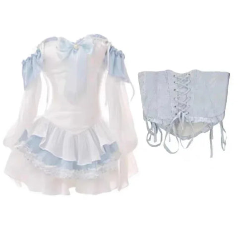 Voguable Blue Lolita Clothing Suit Slim Vest + Kawaii Y2k Mini Dress Elegant Short Party Dress Japanese Style Suit
