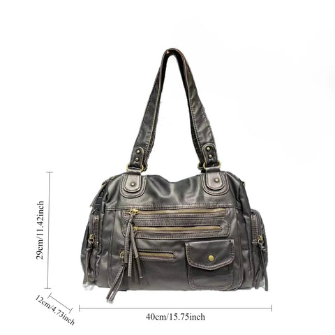 Y2K Girl Single Shoulder Crossbody Bag Vintage Washed Leather Motorcycle Bag Large Capacity Multi Pocket Bag