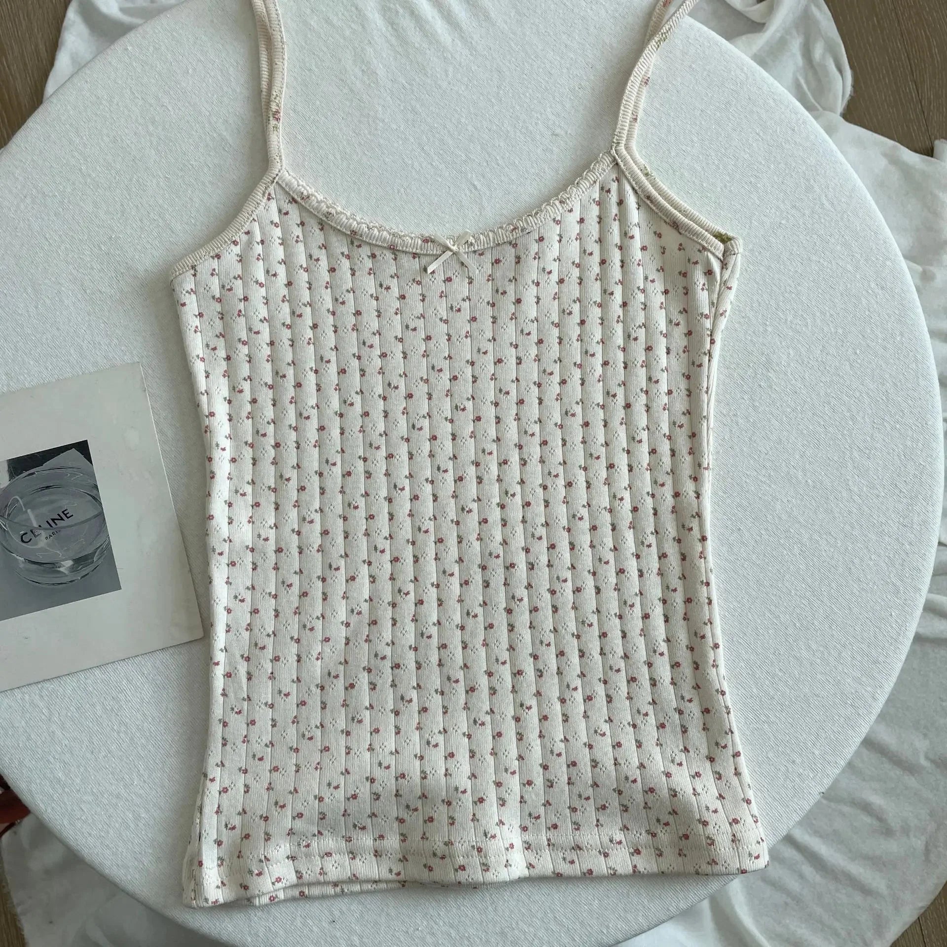 Floral Eyelet Bow Cotton Crop Tops Lace Trim Sleeveless Slim Tank Top Preppy Style Sweet Camisole Y2k Clothes