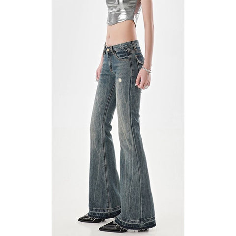 American High Street Spicy Girls Low Waist Jeans Vintage Y2k Design Sense Slim Fit Straight Tube Micro Flare Pants