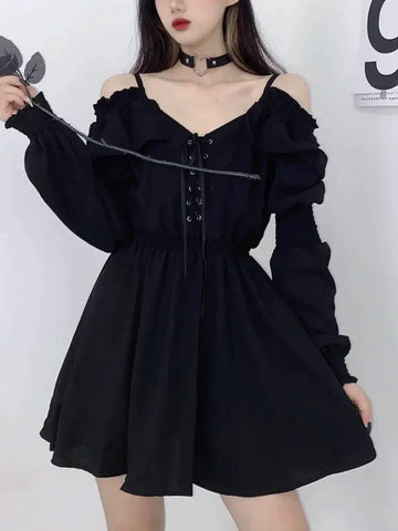Harajuku Gothic Dress Y2K Off Shoulder Black Bandage Mini Dress Elegant Party Night Vestidos New