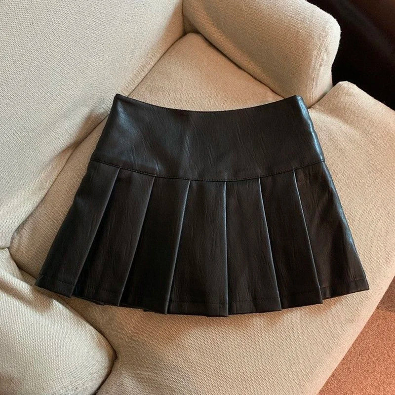 S-3XL Y2K Pu Leather Mini Skirts Streetwear High Waist Pleated Skirt Vintage Korean Black Slim Casual A Line Skirts