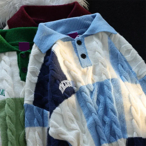 Voguable Vintage Plaid Green Knitted Sweater Checked Pullover Y2K Blue Sweaters Winter Harajuku Japanese Streetwear