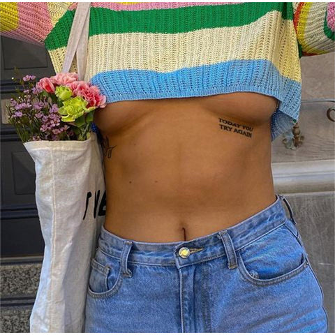Voguable Knitted Y2K Clothes Crop Top Colored Striped Off The Shoulder T shirts Long Sleeve Trendy Short WoTops