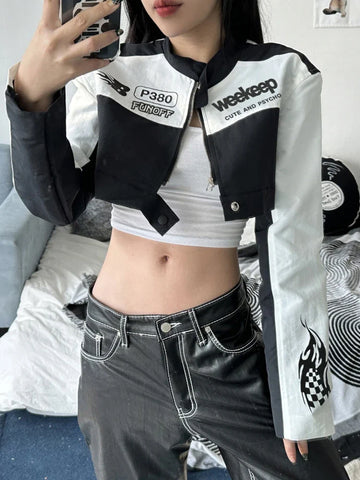 Voguable Cropped Jackets for Cool Biker Style Streetwear Zipper Up Short Coat Y2K Long Sleeve Outerwear