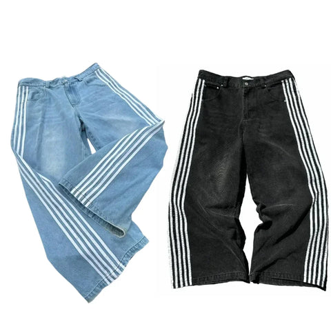 Hip Hop Baggy Jeans  Harajuku Goth Y2k Jeans for Black Striped Embroidered Wide Leg Denim Pants High Street Streetwear