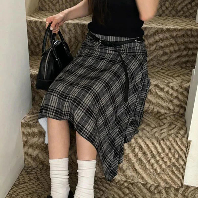 Preppy Style Plaid Print Skirt Grey Low Rise Loose Irregular A-line Midi Skirts Harajuku Clothes y2k Streetwear New