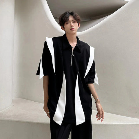 Laple T-Shirt Urban Streetwear Polo Style Two-Tone Design Casual Tee Y2K Trendy Oversized Top Breathable Cotton Blend