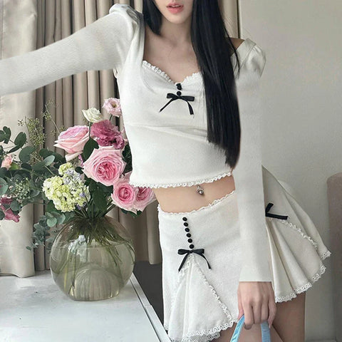 Voguable Cute Lace Bow Patchwork Mini Skirt White Japanese Style High-waisted A-line Skirts Coquette Y2K Bottoms Lolita Girls