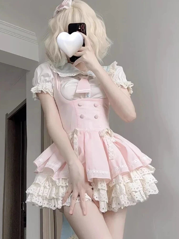 Voguable Lolita Kawaii 2 Piece Sets Cute Slim Blouse Blouse + Sweet Lace Sleeveless Y2k Mini Dress Japanese Style Suit