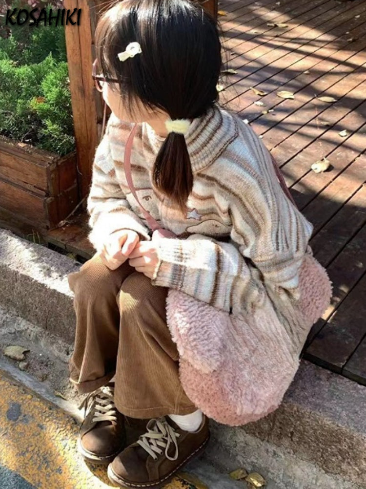 Y2k Aesthetic Japanese Knit Cardigan Kawaii Dog Embroidery Harajuku  Femme Striped Preppy Zipper y Womens