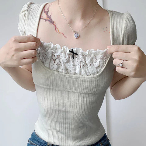 Voguable Y2K Contrast Lace Patchwork Knitted Top Cute Casual Basic Short Sleeve T-shirts Coquette Square Collar Tee