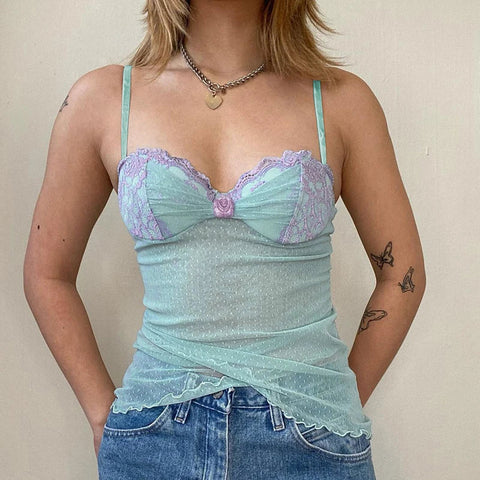 Voguable   Dot Print Lace Corset Flower Appliques Milkmaid See Through Crop Top Y2K Camis Transparent Aesthetic Tanks