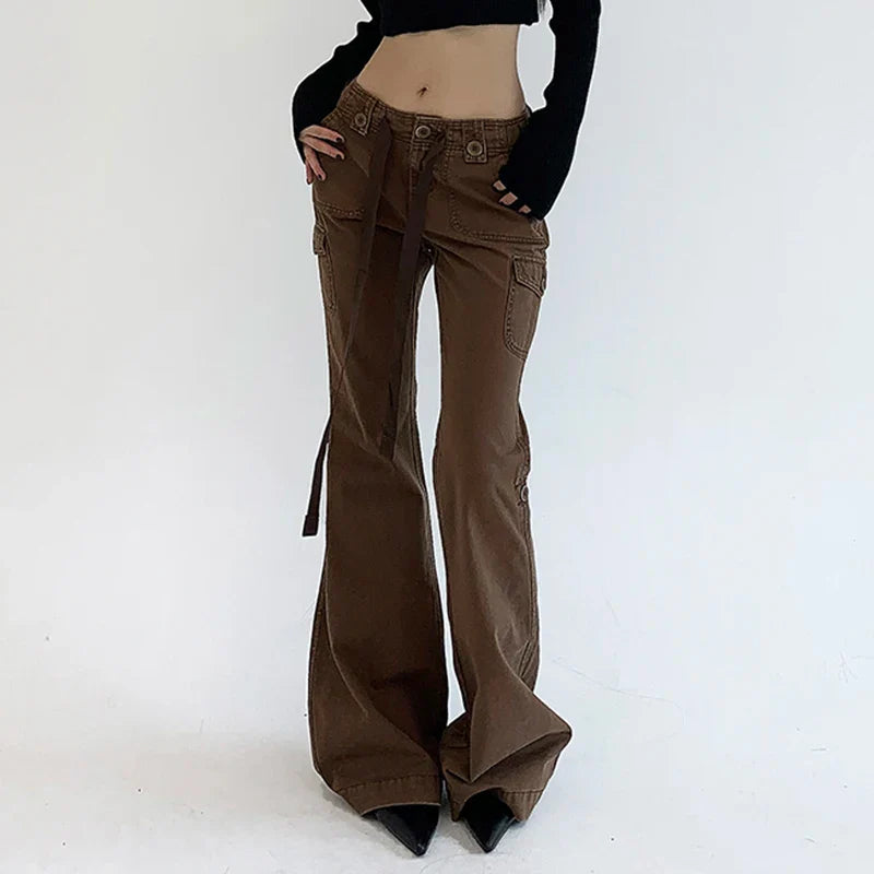 Voguable  Casual Basics Flare Jeans Brown Black All-match Street Style Boot Cut Denim Pants High Waist Vintage Trousers Y2K