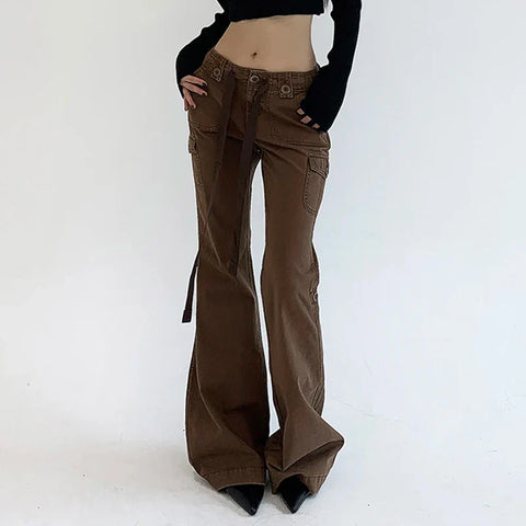 Voguable  Casual Basics Flare Jeans Brown Black All-match Street Style Boot Cut Denim Pants High Waist Vintage Trousers Y2K