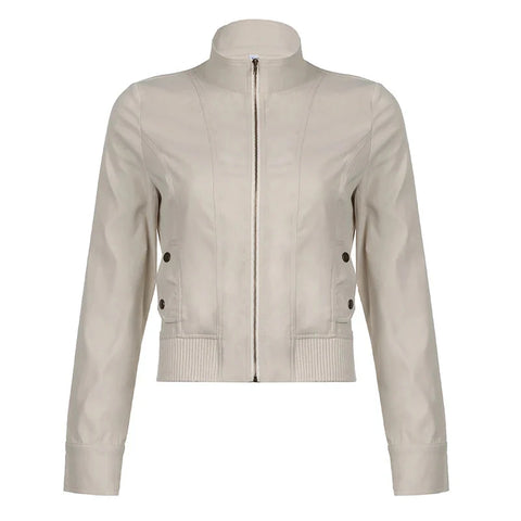 Patchwork Zip-up Cropped Jacket y2k Streetwear Full Sleeve Turtleneck Pockets Coat for Vintage 2000s Clothing Basic