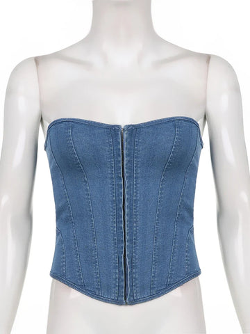 Voguable  Strapless Denim Corset Backless Lace-up Bustier Night Clubwear Elegant Basic Tube Top Y2K Jean Cami Ladies