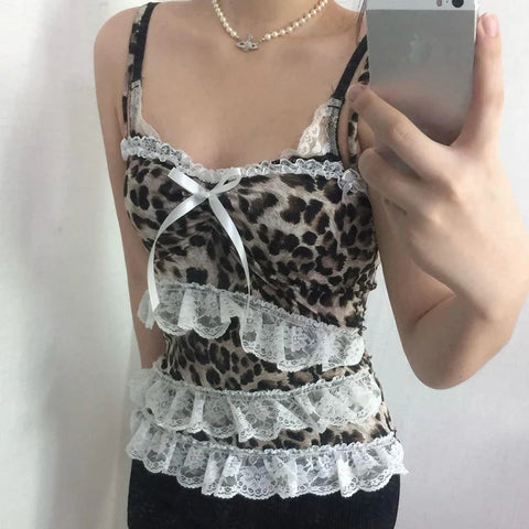 Voguable  Y2K Leopard Print Lace Ruffle Patchwork Camis Brown Coquette Aesthetic Slim-fit Bow Tank Tops Cute Fairycore Vest Cute