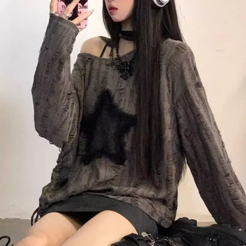 T-Shirt Star Print Y2k Aesthetic Loose Tees Kpop Fairycore Ripped Tshirt Harajuku Gothic Streetwear
