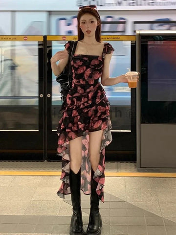 Voguable Y2k Vintage Mini Dress Irregular Korean Casual One Piece Dress FeTierred Elegant Chic Clothes New