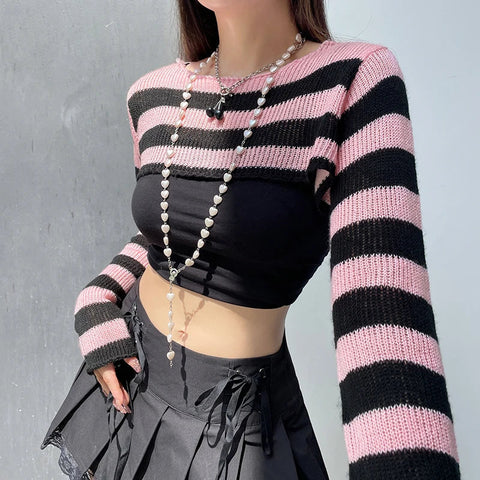 Voguable y2k Pink And Black Contrast Color Super-short Sweater Pullovers Dark Academia Cute Knitted Smock Tops Kawaii Jumper New