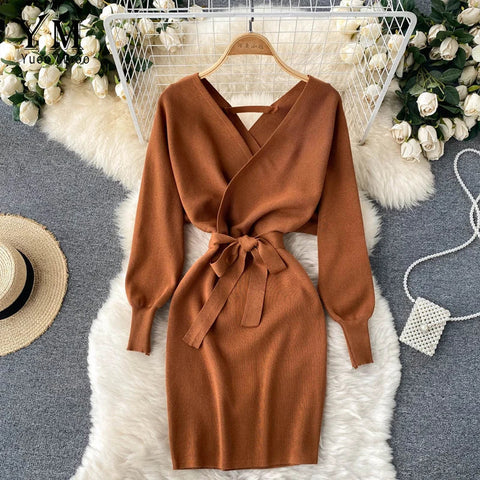 Y2K Casual Vestidos Dress  Winter Bodycon Knitted Sweater Dress Elegant  Office Ladies Dress