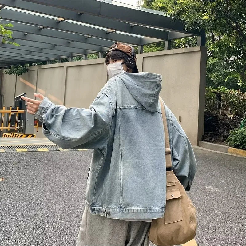 American Washed Retro Denim Hoodie Design Sense Hooded Y2k Harajuku And Winter Trend Heavy Oversize Coat