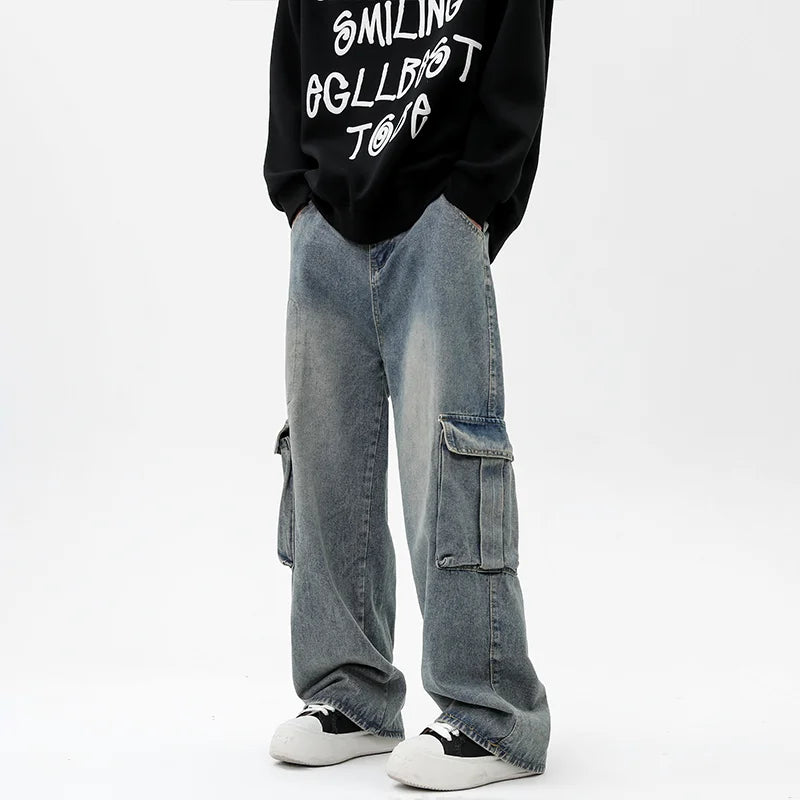 Vintage Y2K Streetwear Cargo Jeans for Straight Wide Leg Pants Loose Casual Denim Trousers Hip Hop Harajuku