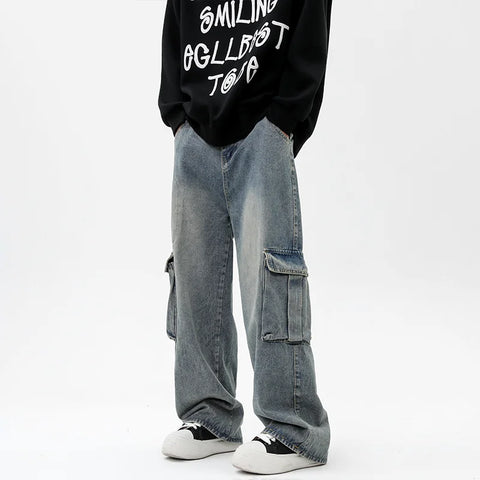 Vintage Y2K Streetwear Cargo Jeans for Straight Wide Leg Pants Loose Casual Denim Trousers Hip Hop Harajuku