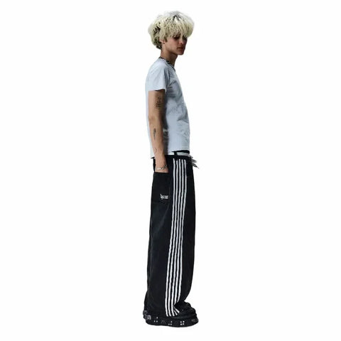 Hip Hop Baggy Jeans  Harajuku Goth Y2k Jeans for Black Striped Embroidered Wide Leg Denim Pants High Street Streetwear