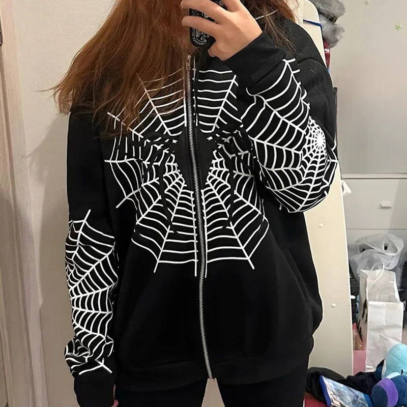 Y2k Rhinestone Skeleton Hoodies Gothic Black Zip Up Oversized Sweatshirts FeRetro Harajuku Hooded Jackets Streetwear