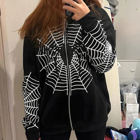 Y2k Rhinestone Skeleton Hoodies Gothic Black Zip Up Oversized Sweatshirts FeRetro Harajuku Hooded Jackets Streetwear