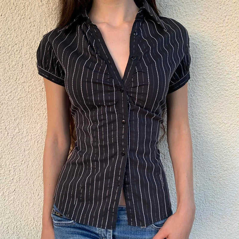 Voguable  Chic Elegant Striped Blouse French Style Button-up Turn-down Collar Shirt Vintage Streetwear Y2K Tops