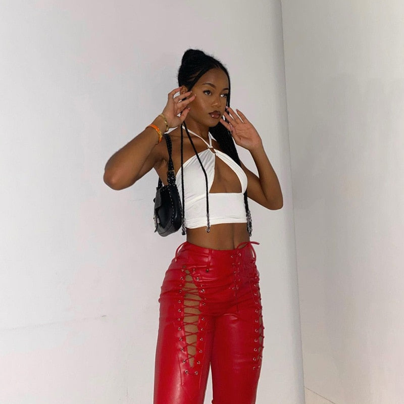 Lace Up PU Leather Pants Chic High Waist Hollow Out Y2K Drawstring Bandage Cut Out Gothic Faux Leather Trousers