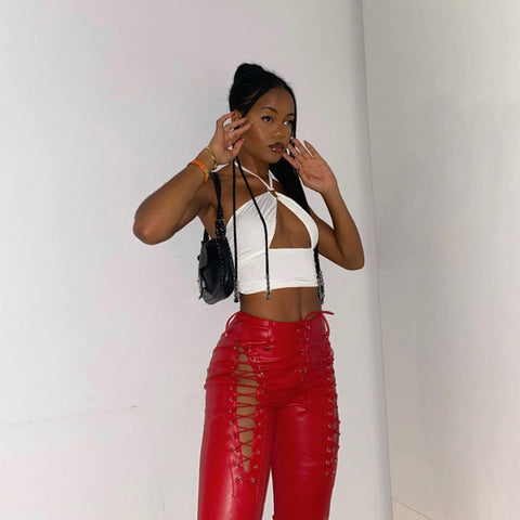 Lace Up PU Leather Pants Chic High Waist Hollow Out Y2K Drawstring Bandage Cut Out Gothic Faux Leather Trousers