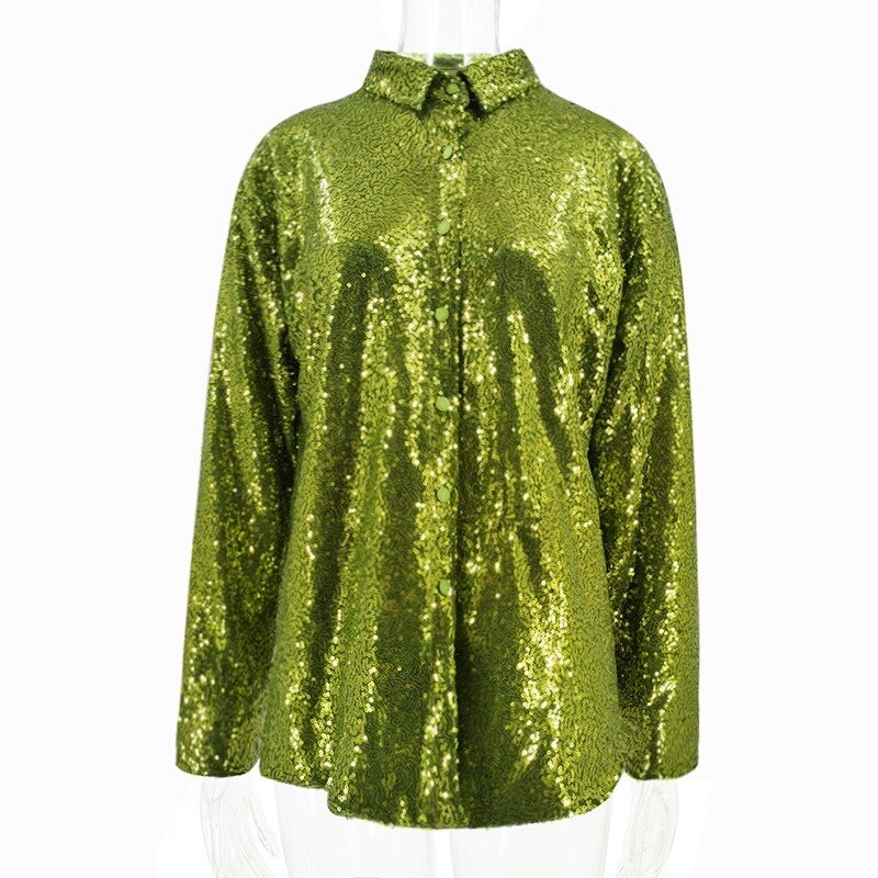 Turn-down Collar Long Sleeve FeY2k Shirts Dresses Glitter Sequins Party Shirt Dress Streetwear Clothes