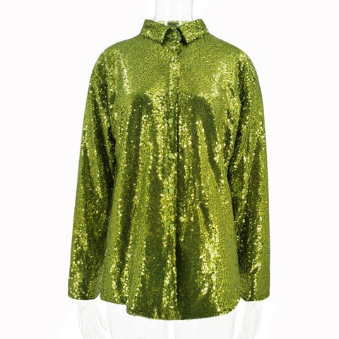 Turn-down Collar Long Sleeve FeY2k Shirts Dresses Glitter Sequins Party Shirt Dress Streetwear Clothes