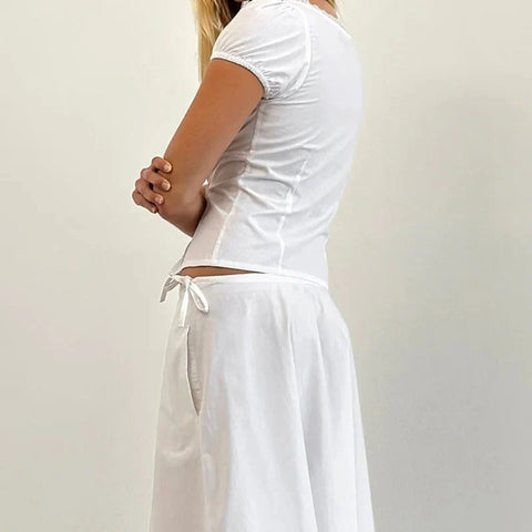 Coquette Shirt y2k Clothes Deep V Neck Lace Trim Single Breasted Short Sleeve Blouse Crop Top Club Streetwear