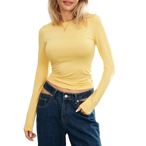 y2k Crop Tops Solid Color Round Neck Long Sleeve Tshirt 2000s Tees Casual Clothing Streetwear